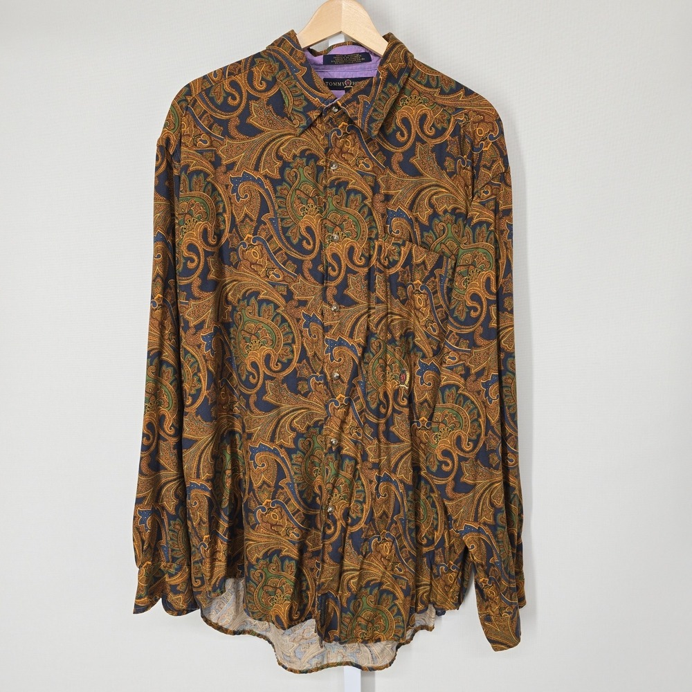 Tommy Hilfiger Mens Large Paisley Button Down Shirt Gold Blue Rayon Wool Blend - Picture 1 of 7